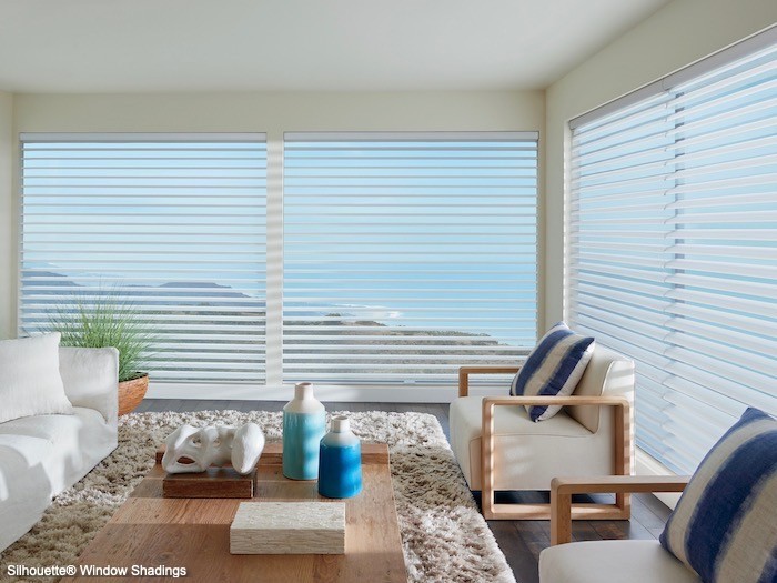 A living room with large windows.